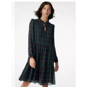 J.Crew Black Watch Tartan Plaid Tiered babydoll Dress Size Small green red navy